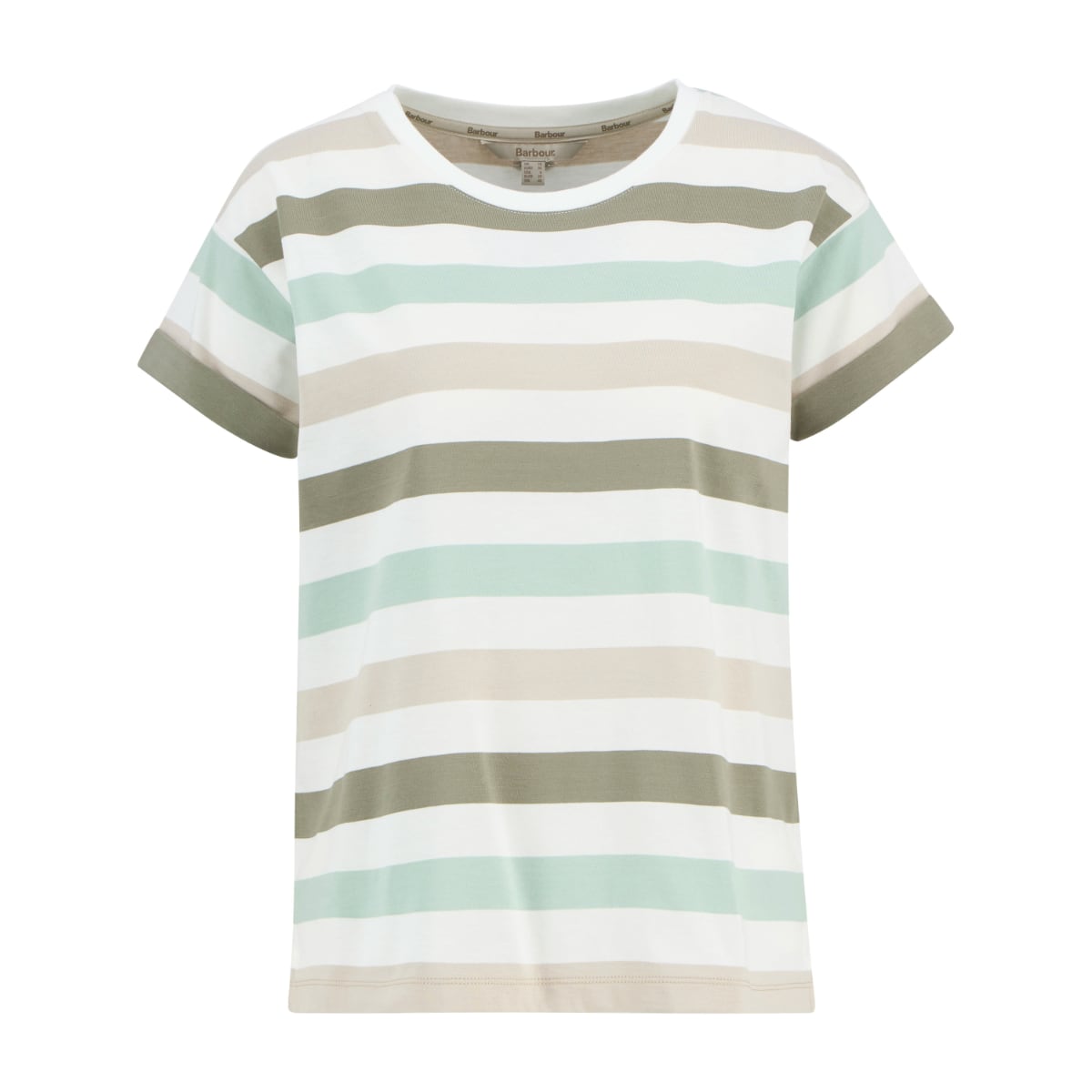 Barbour Lyndale women's striped T shirt in Spearment featuring pastel green beige and white horizontal stripes