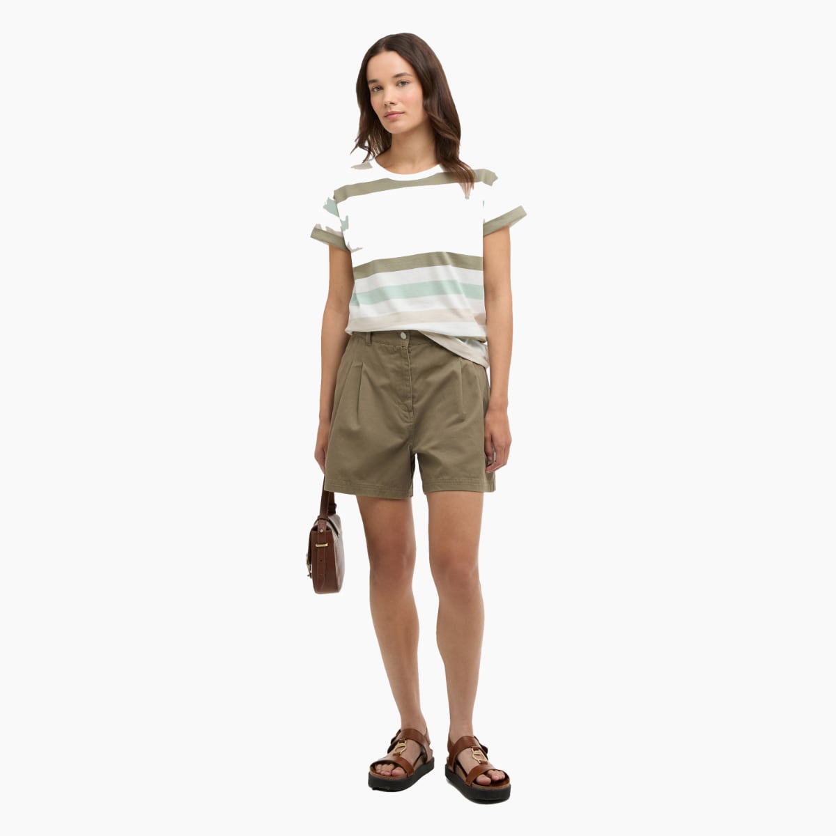 Barbour Lyndale striped T shirt in Spearment on a model wearing olive shorts and a brown handbag