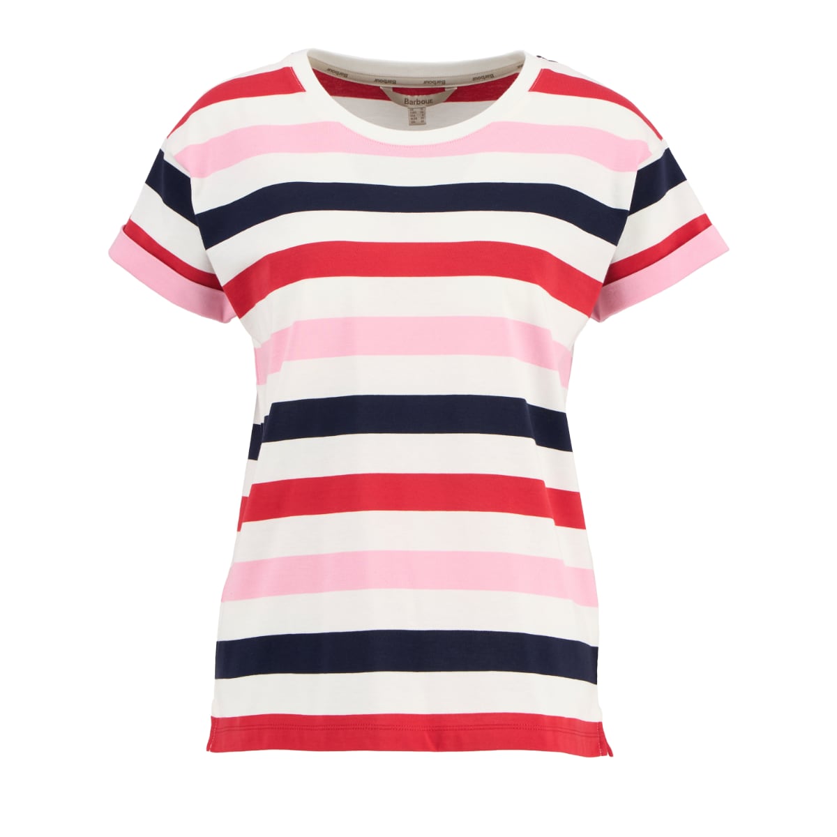 Front view of a woman wearing a Barbour Lyndale striped T shirt in pink white and navy with pink cuffs and blue jeans