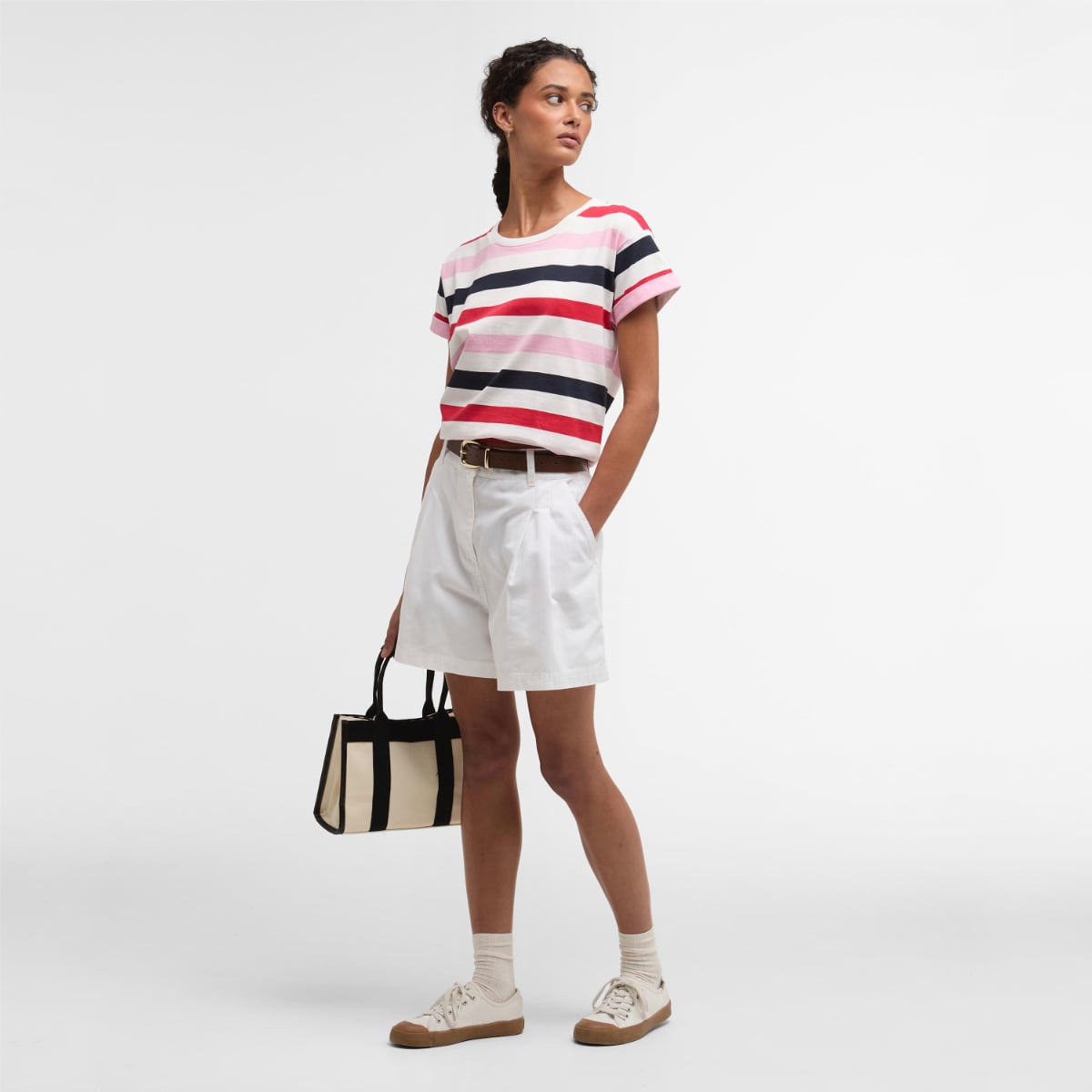 Barbour Lyndale striped T shirt in Poppy Red styled with white shorts brown belt and striped tote bag