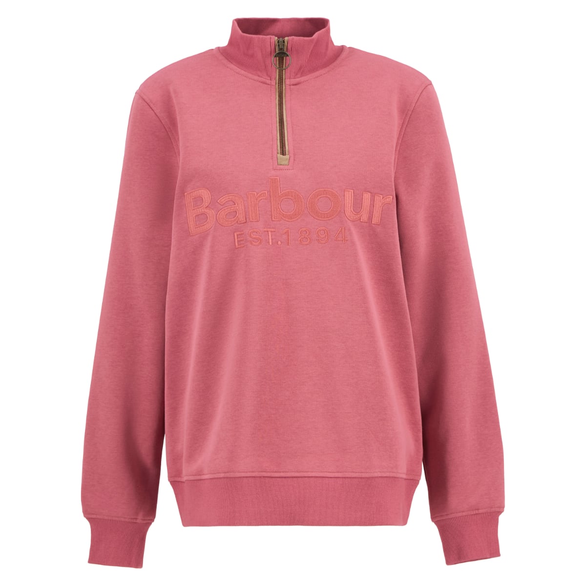 Close up of the pink Barbour Cynthia Half Zip sweatshirt showing a neck zip and embossed Barbour logo across the chest