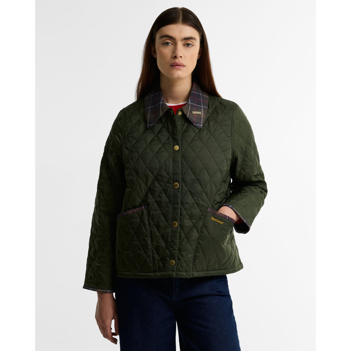 Barbour Icons Tartan Collar Cropped Liddesdale Women's Quilted Jacket | Olive