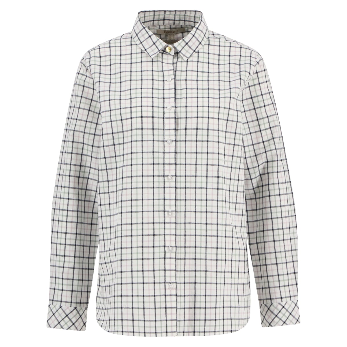 Front view of Barbour Petunia women's long-sleeved shirt in white with a navy windowpane grid.