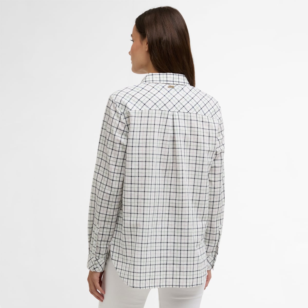 Back view of Barbour Petunia women's long-sleeved shirt in white with a navy windowpane grid.