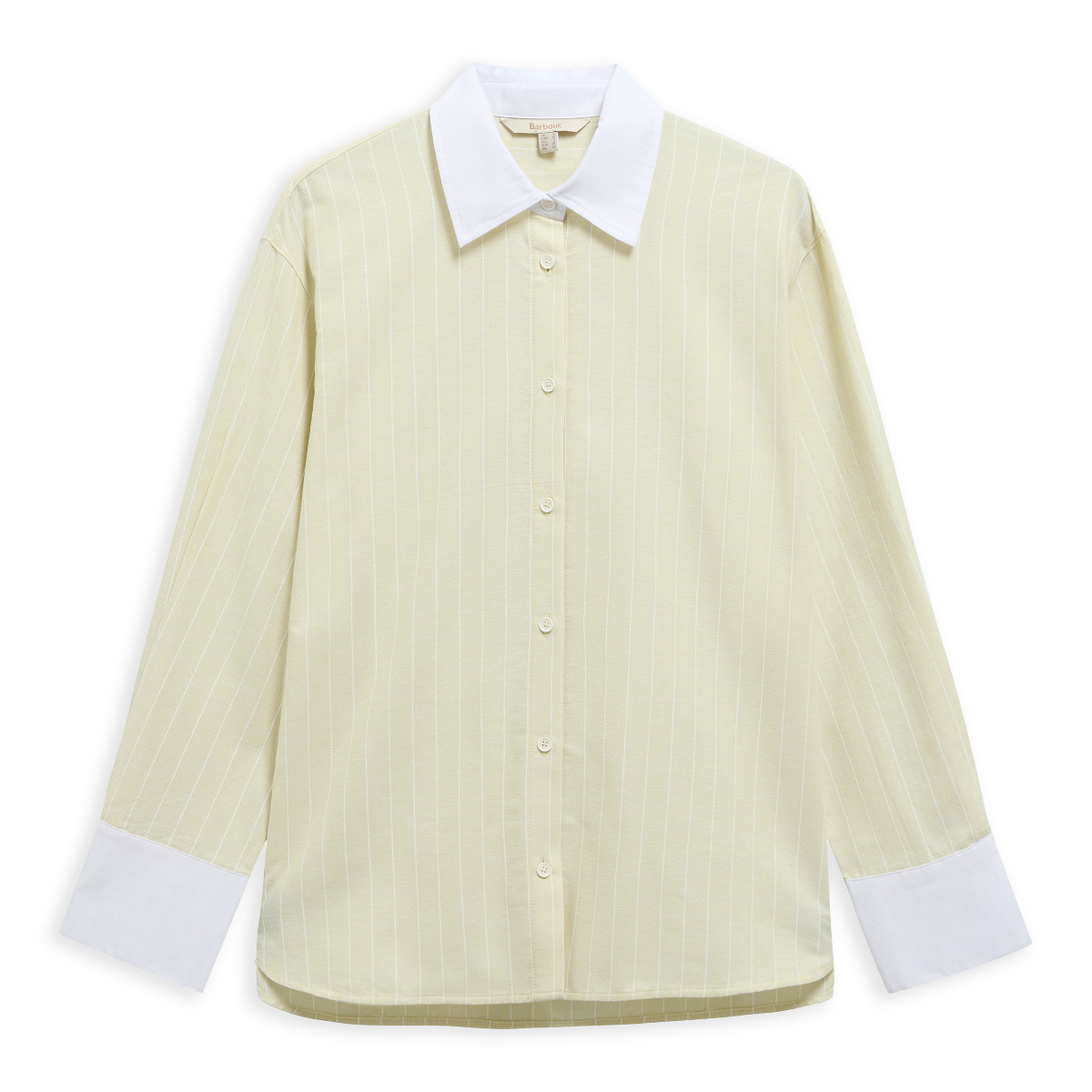 Model wearing a pale yellow Barbour Avon striped relaxed shirt with a white collar.