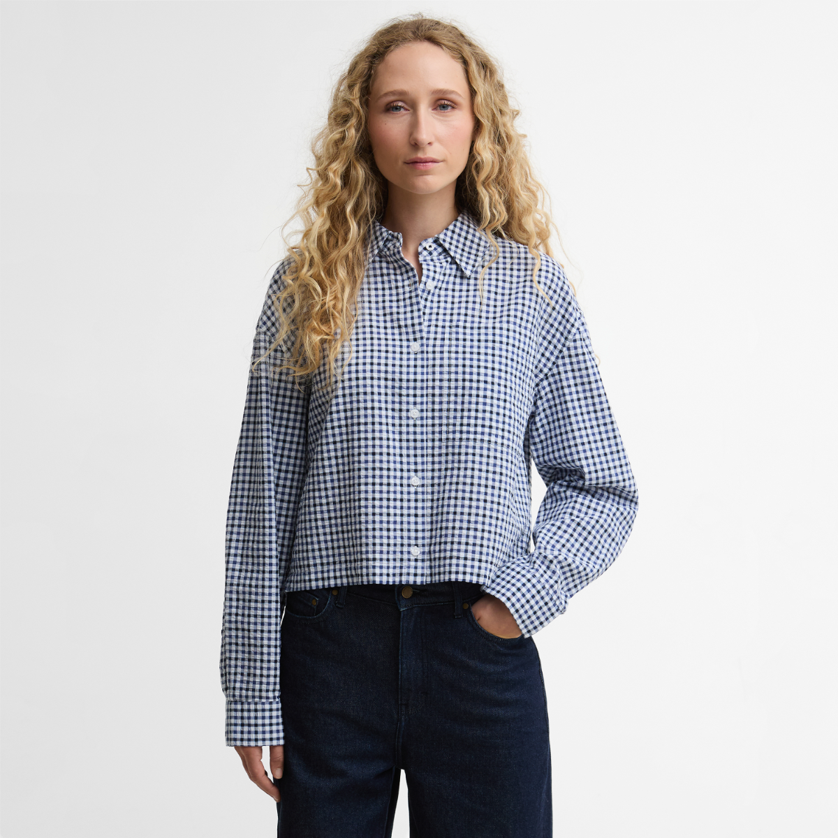Barbour Ashwell boxy long-sleeve shirt in blue and white gingham worn by model front view