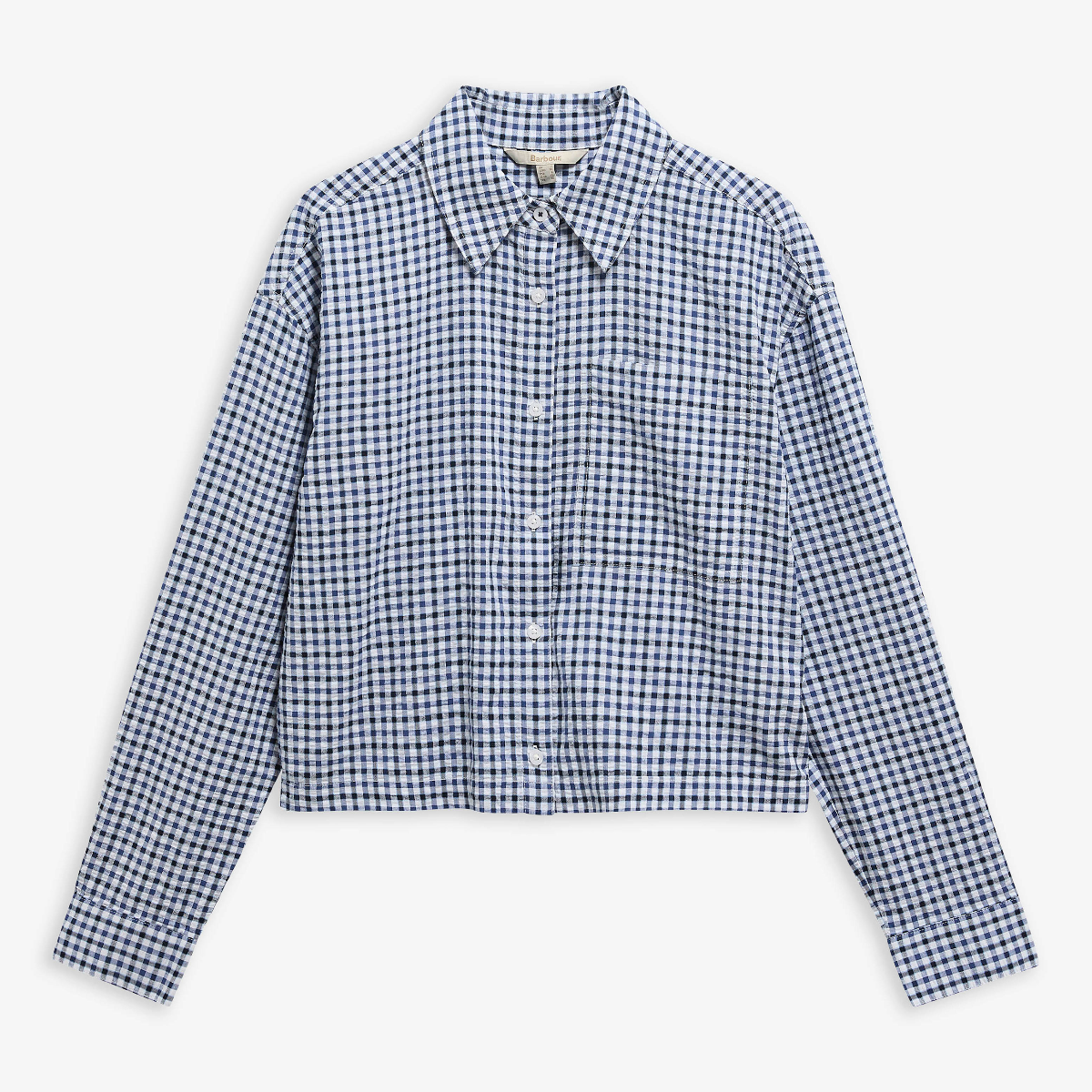 Barbour Ashwell Boxy long-sleeved shirt in blue and white gingham laid flat.