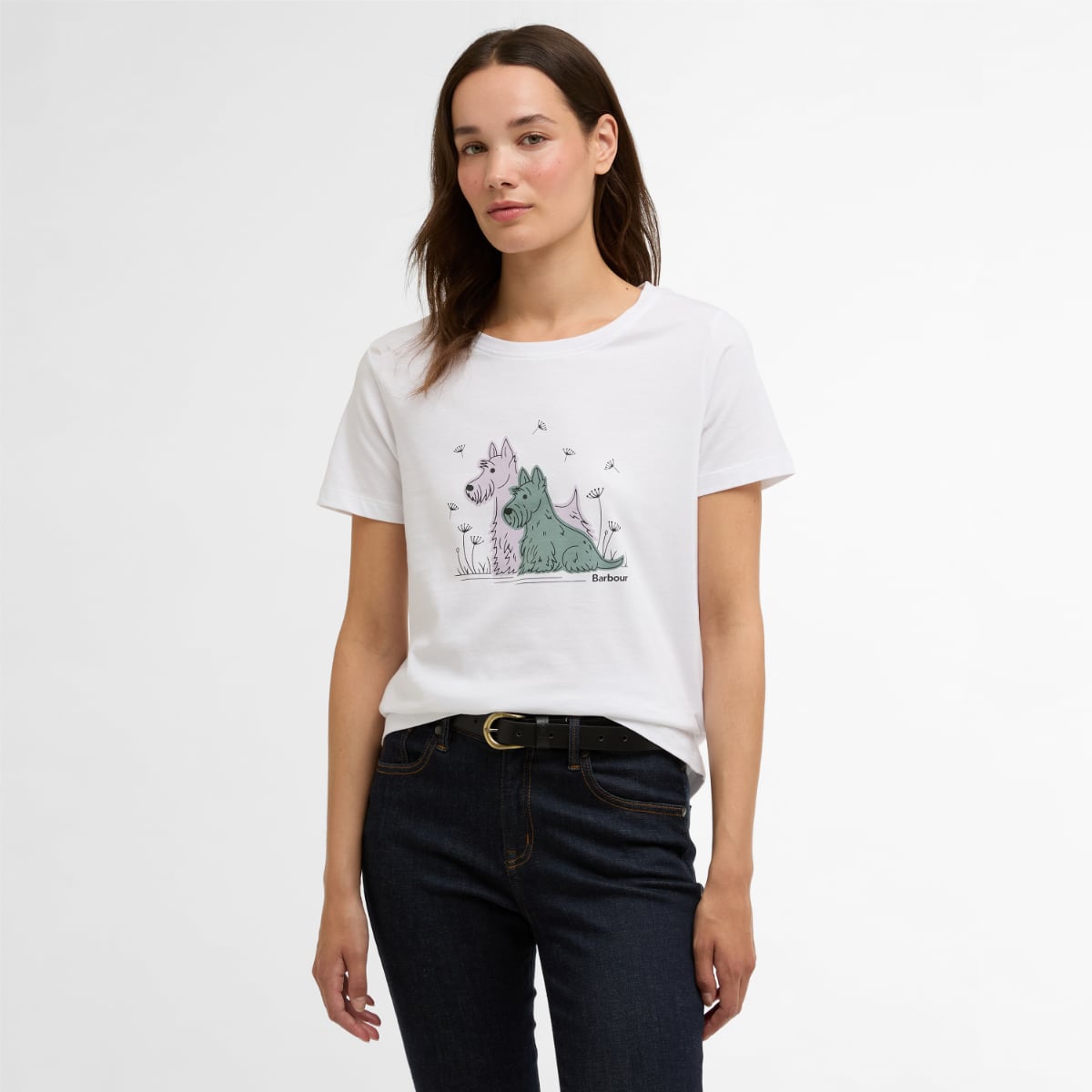 Barbour Clover T Shirt Women's White with a two dog illustration on the chest worn by a model