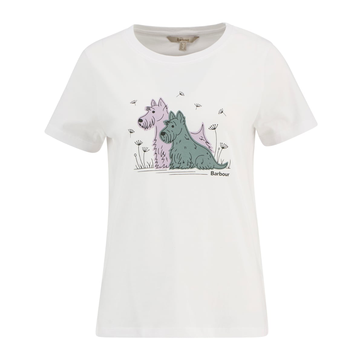 White Barbour Clover T Shirt with pastel dog illustration on front.