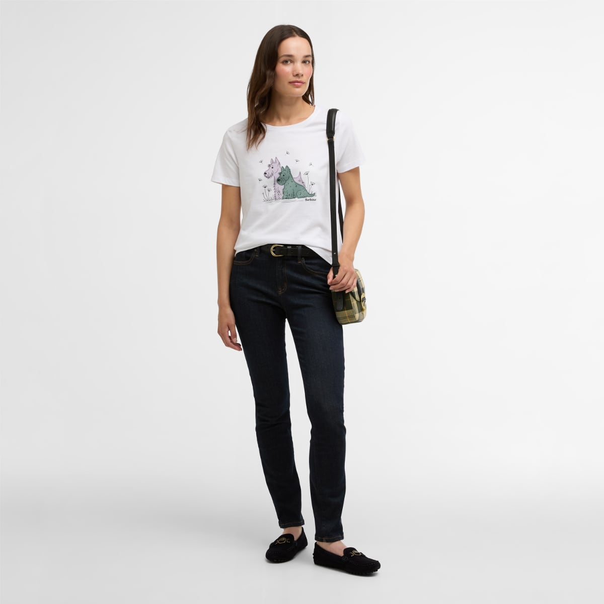 Barbour Clover T Shirt Women's White styled with dark jeans and a plaid crossbody bag