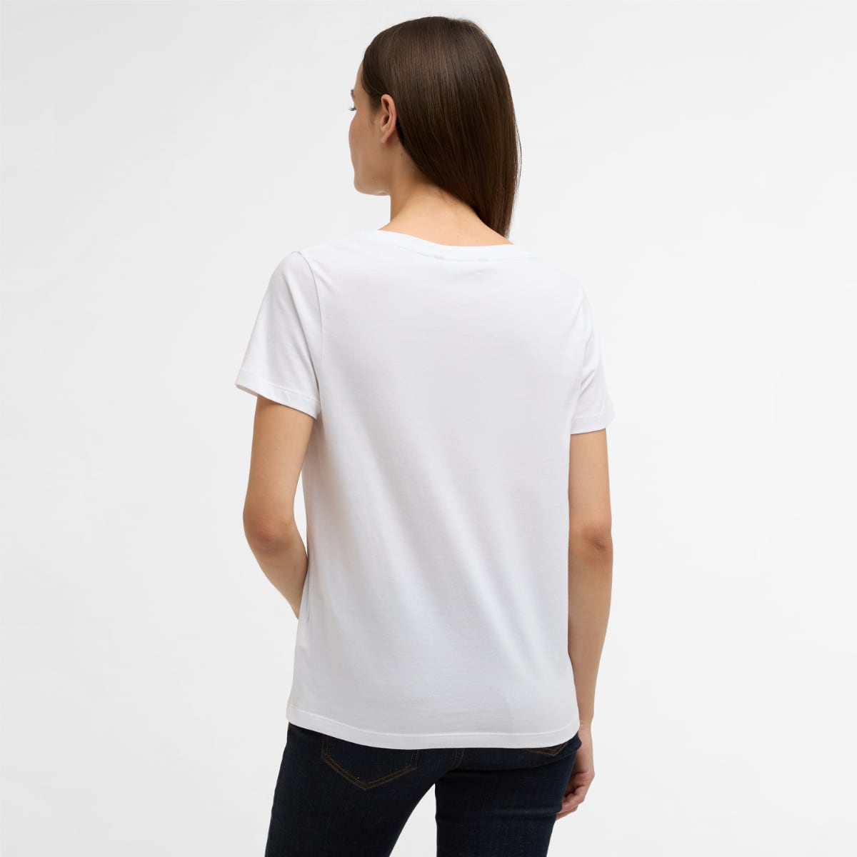 Back view of a model wearing a white Barbour Clover T Shirt