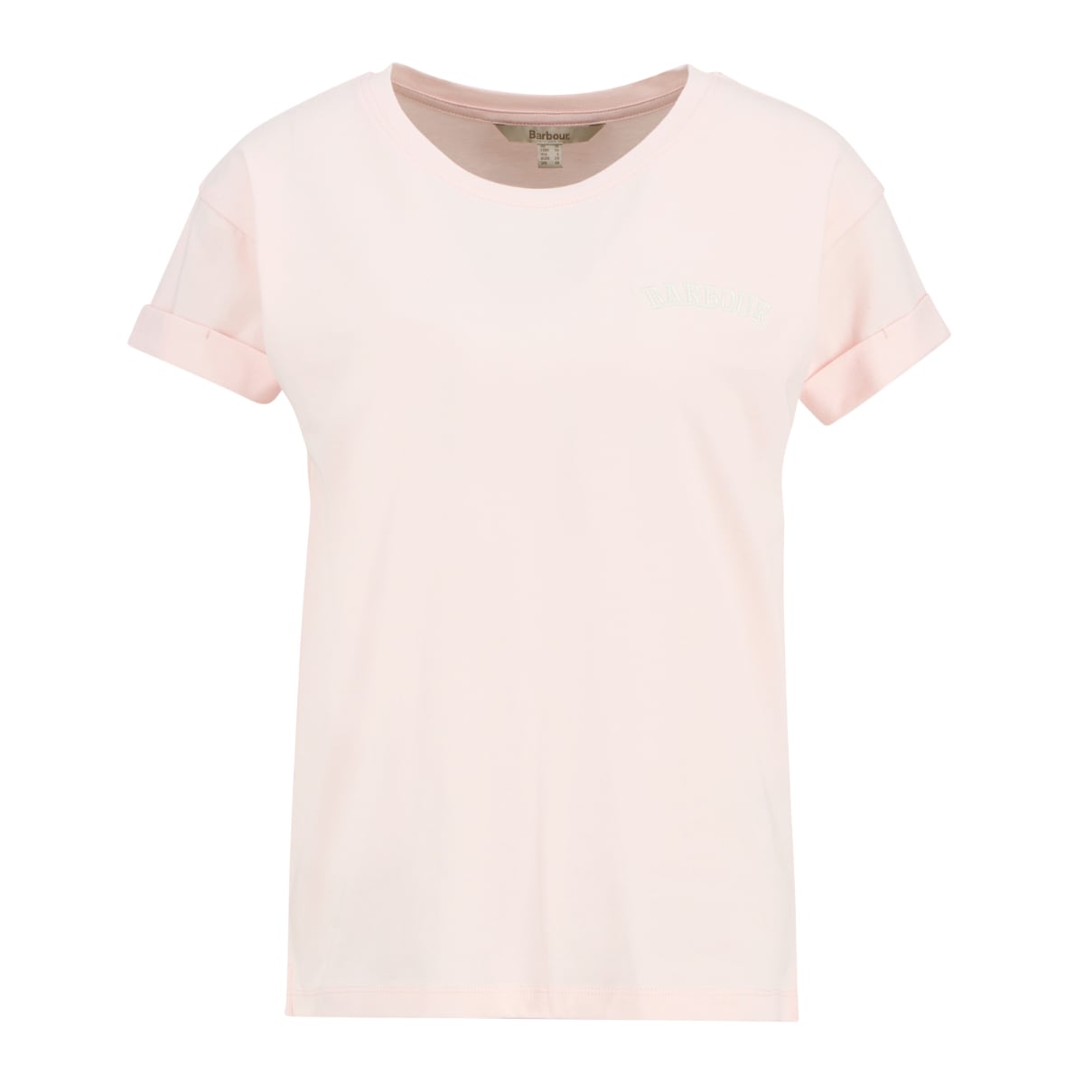 Front view of pale pink Barbour Bede T-Shirt with subtle curved logo on the chest