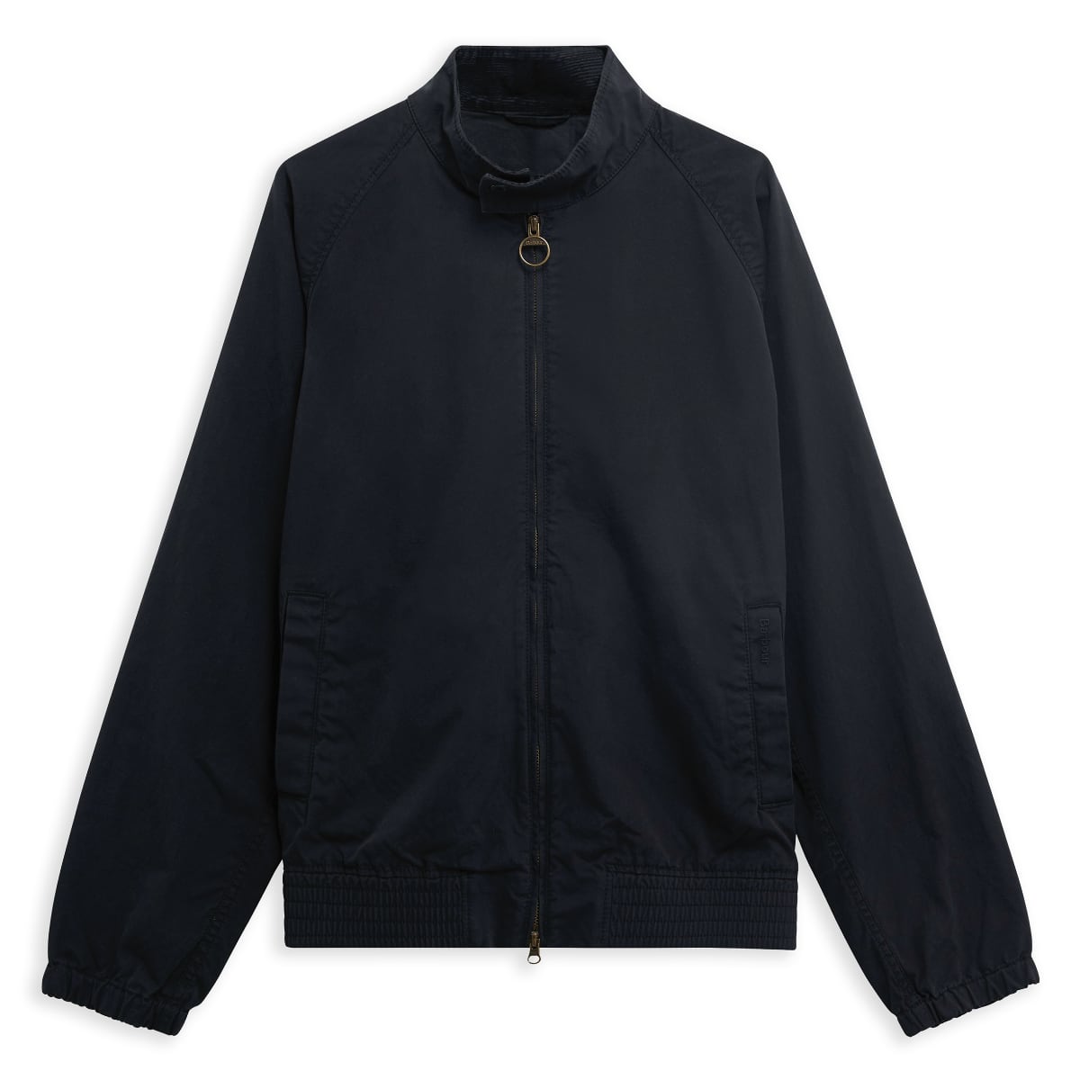 Dark navy Barbour Royston Harrington jacket with ring pull zip front and ribbed hem