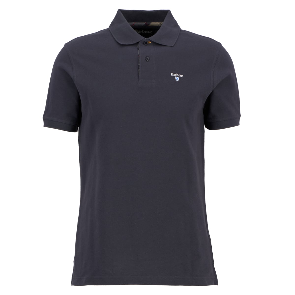 Front view of a navy Barbour Tartan Pique polo shirt with a small logo on the chest