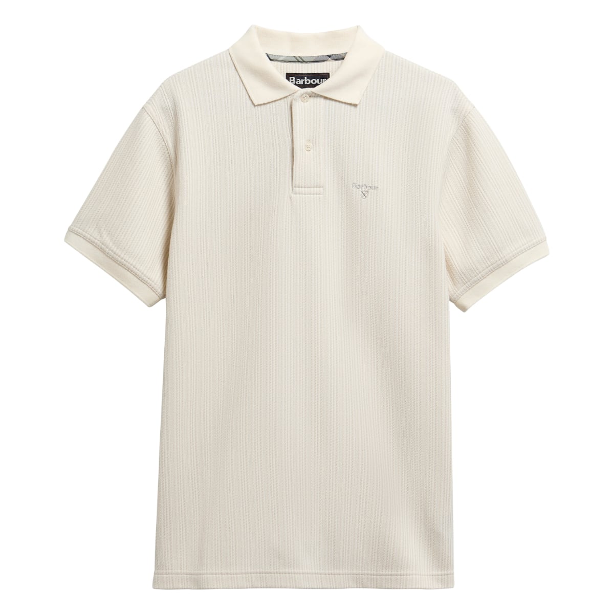 Front view of Barbour Harworth tailored men's polo shirt in Whisper White with collar and ribbed texture.