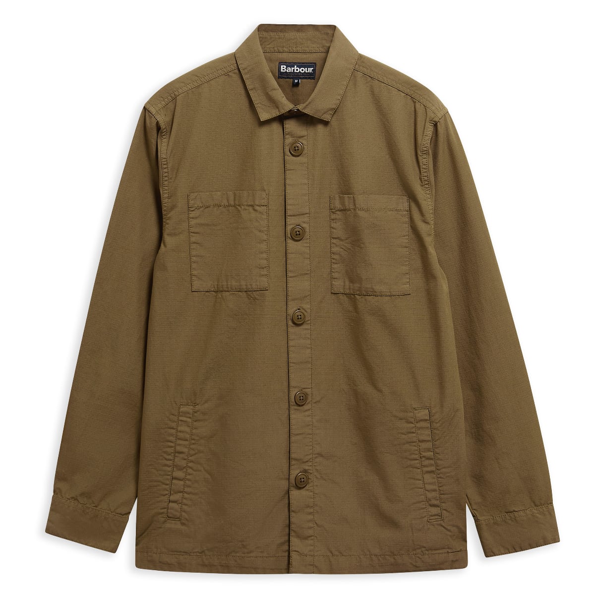 Front view of Barbour Rickfell Ripstop men's overshirt in clay with two chest pockets and a button front