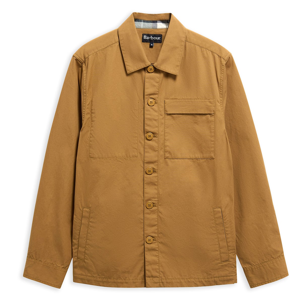 Front view of camel Barbour Sherburn overshirt showing button front and chest pocket.