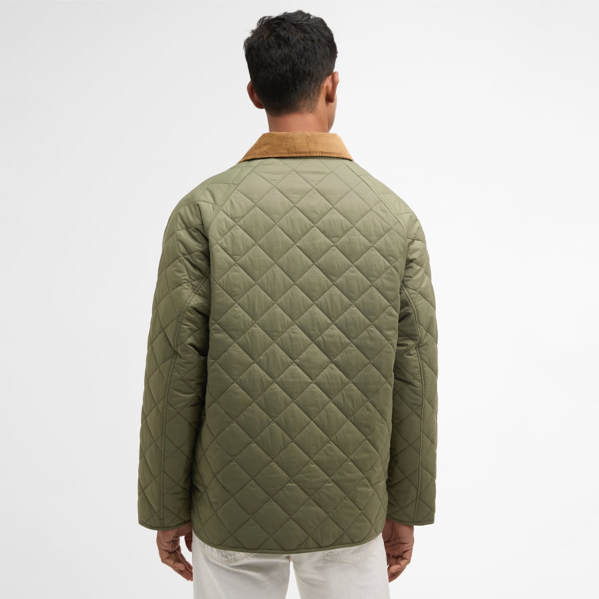 Back view of dusty olive Barbour City Bedale quilted jacket with tan corduroy collar.