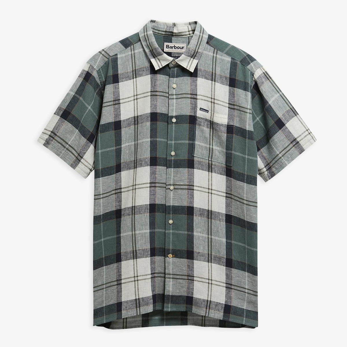 Barbour Croft Tartan short sleeve relaxed fit men's shirt in Meadow Brook tartan on a white background