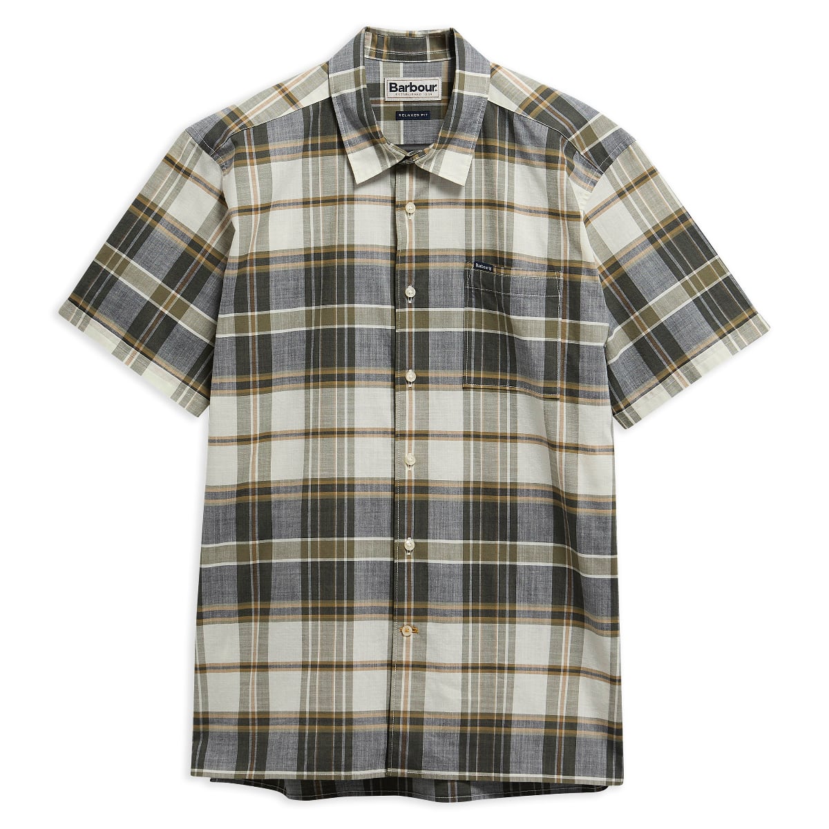 Front view of Barbour Grassbeach plaid short-sleeve relaxed-fit men's shirt with chest pocket.