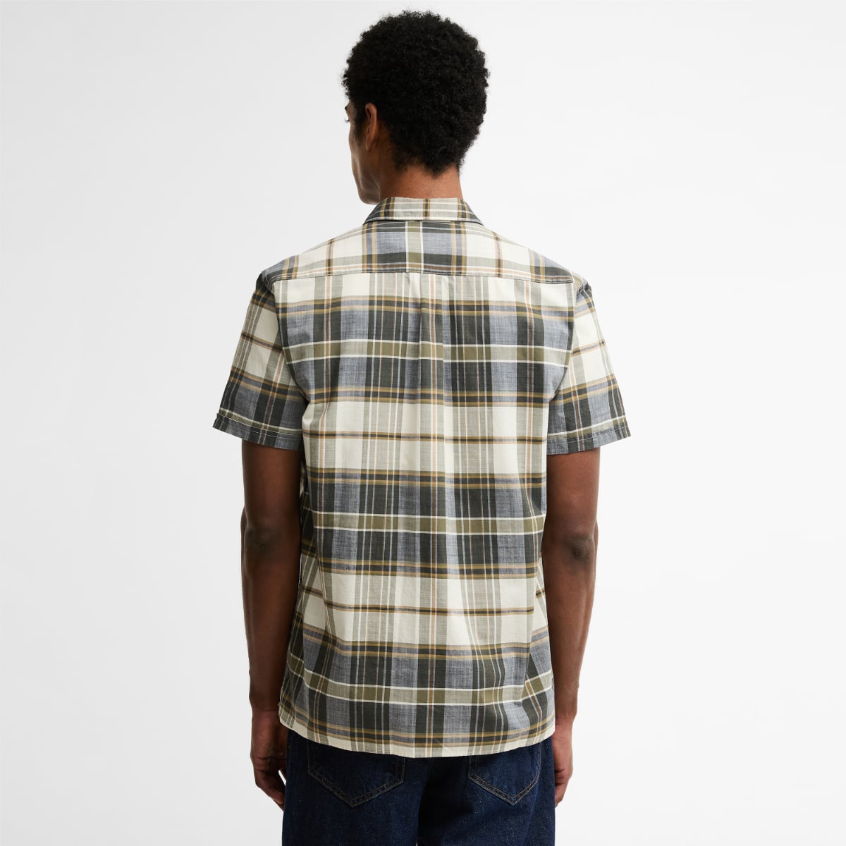 Back view of Barbour Grassbeach tartan short-sleeve relaxed-fit men's shirt in cream gray and olive tones.