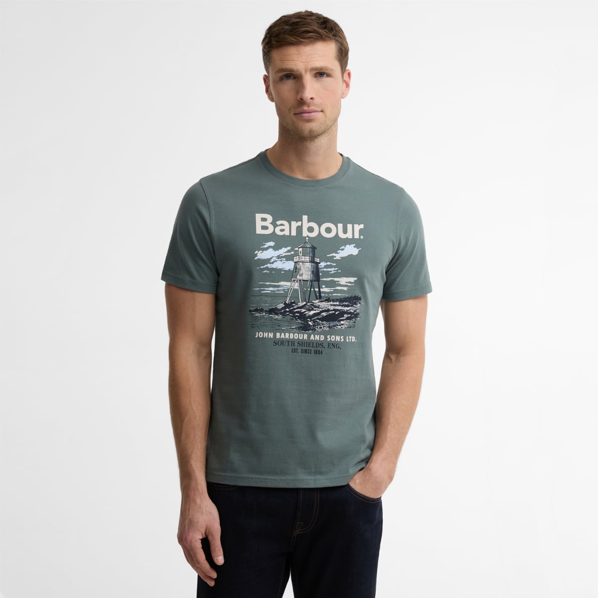 Vintage teal Barbour Harbourside graphic tailored men's T-shirt with lighthouse print.