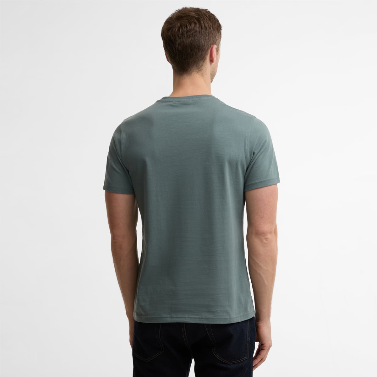 Back view of a man wearing Barbour Harbourside Graphic Tailored Men's T-Shirt in Vintage Teal