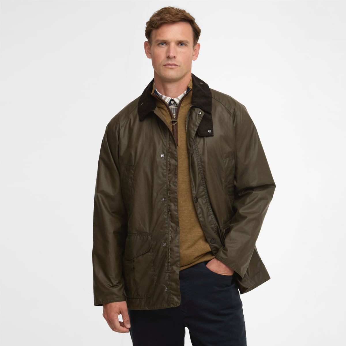 Model wearing olive Barbour Lightweight Stratford Waxed Jacket Beech with dark collar.