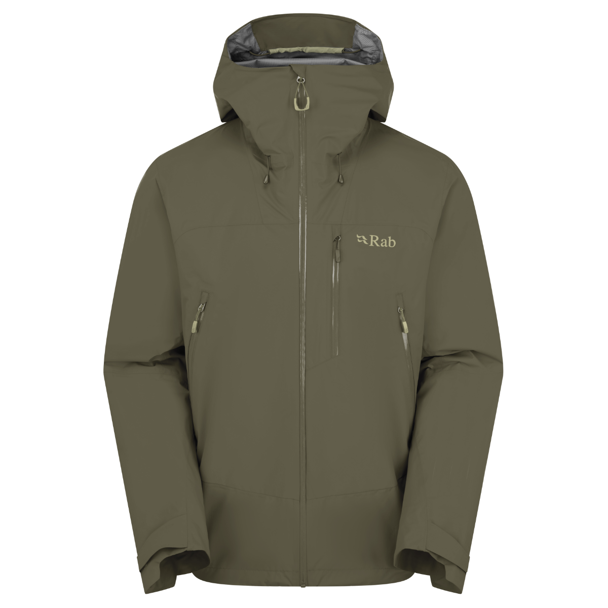 Rab Men's Mountain Waterproof Jacket – front view in olive green, showing adjustable hood and YKK AquaGuard zip.