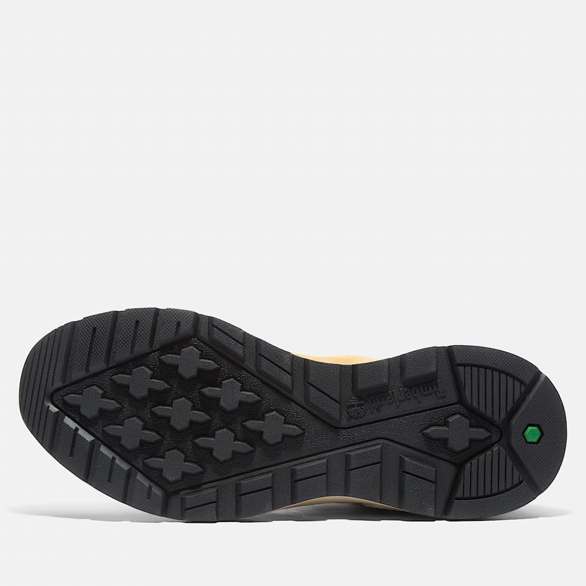 A pair of Timberland Sprint Trekker Mid Men's Boots in wheat nubuck color featuring lace-up closure and a mid-height design. Sole view.