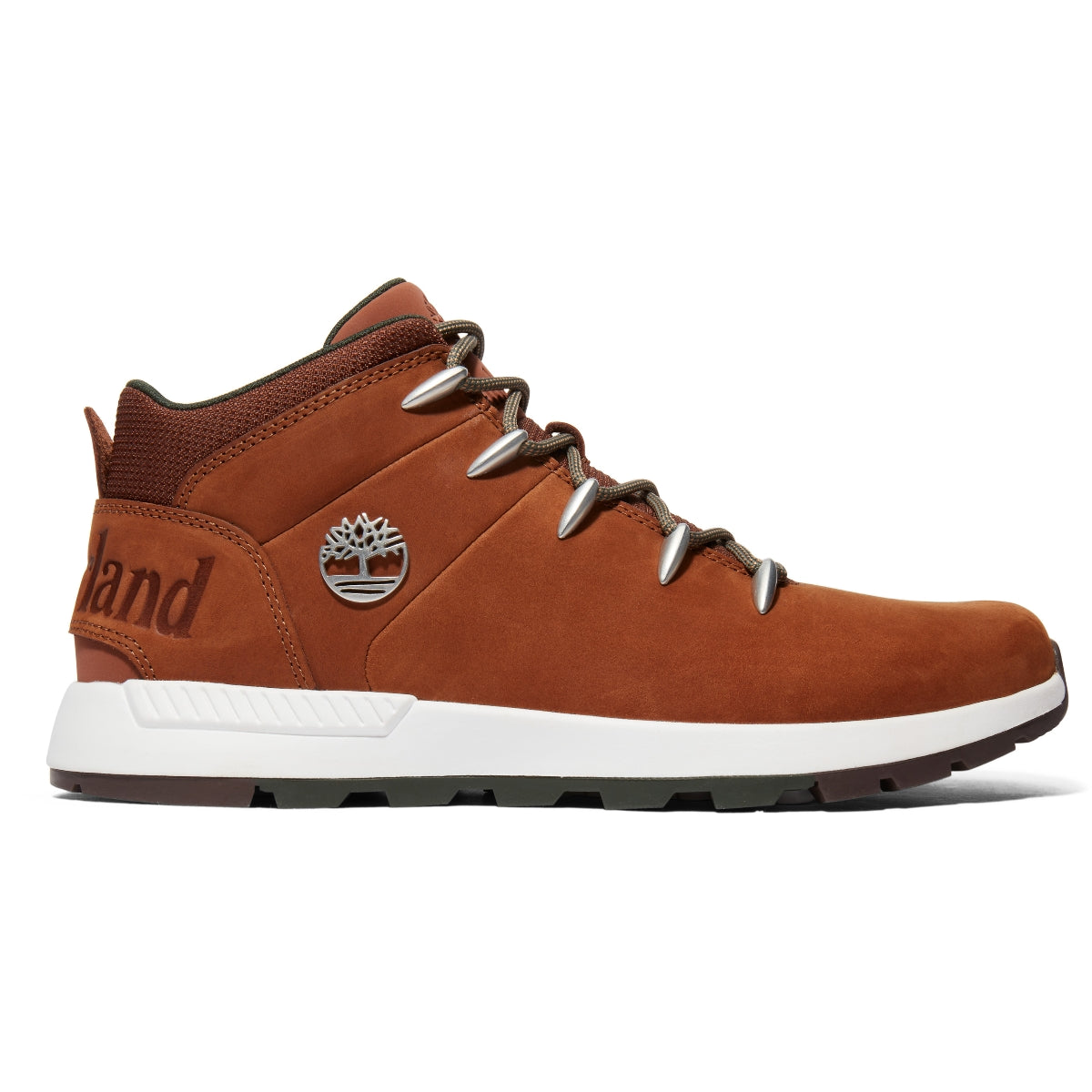 A pair of brown Timberland Sprint Trekker Mid Men's Boots with lace-up closure, featuring a leather upper, fabric lining, and rubber outsoles. Side view.
