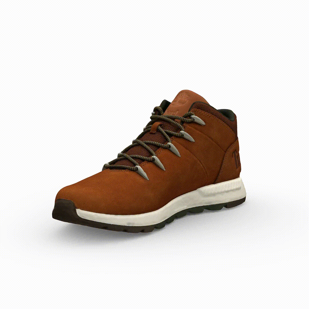 A pair of brown Timberland Sprint Trekker Mid Men's Boots with lace-up closure on a white background. Video