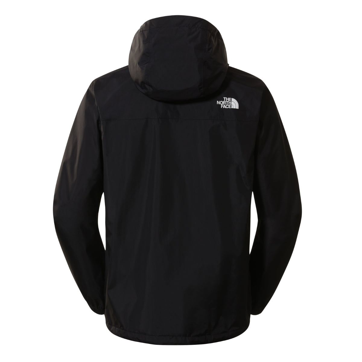 Back view of black The North Face Antora waterproof jacket with hood and white logo on the upper right back.