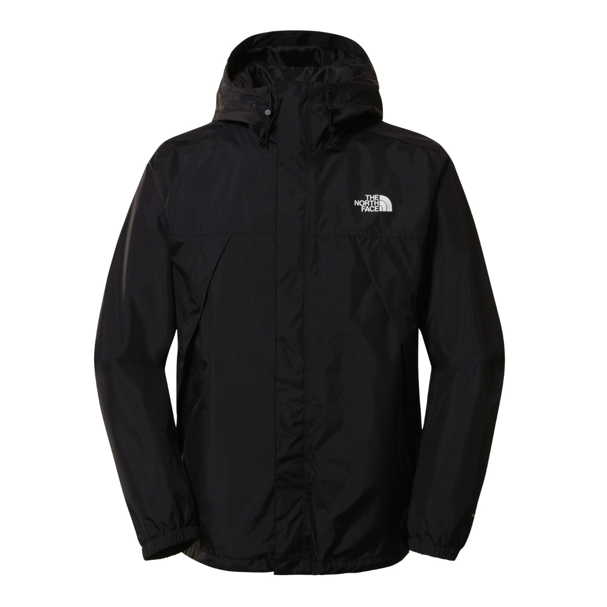 Front view of black The North Face Antora waterproof jacket with hood down and white TNF logo on the left chest.