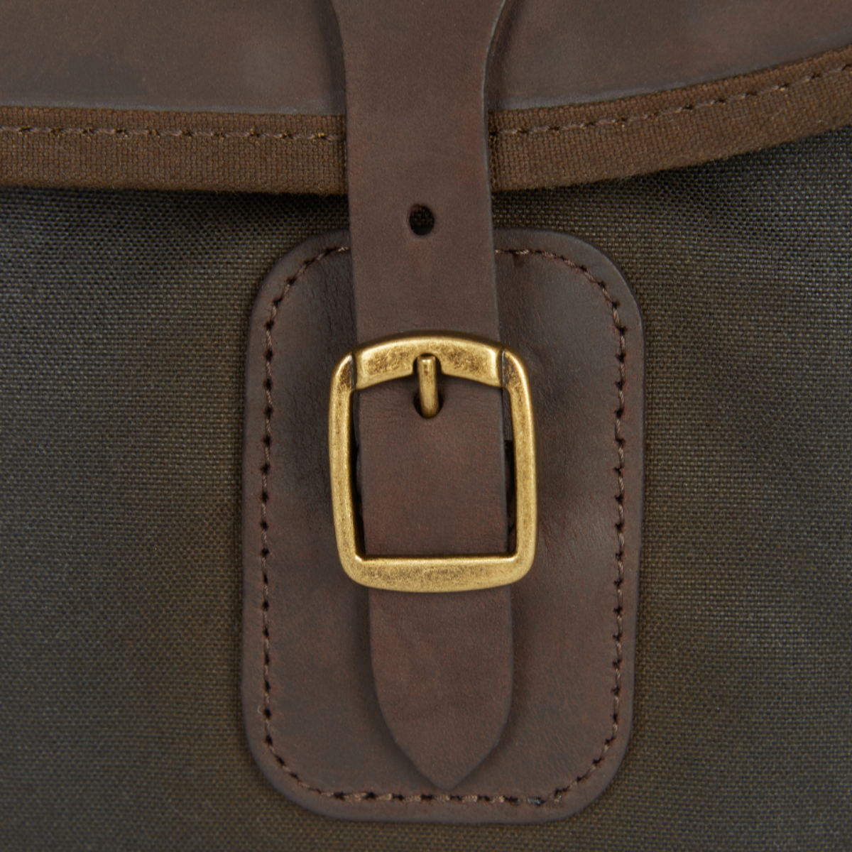 Close-up of Barbour Wax Tarras Bag Leather Trim and Brass Buckle