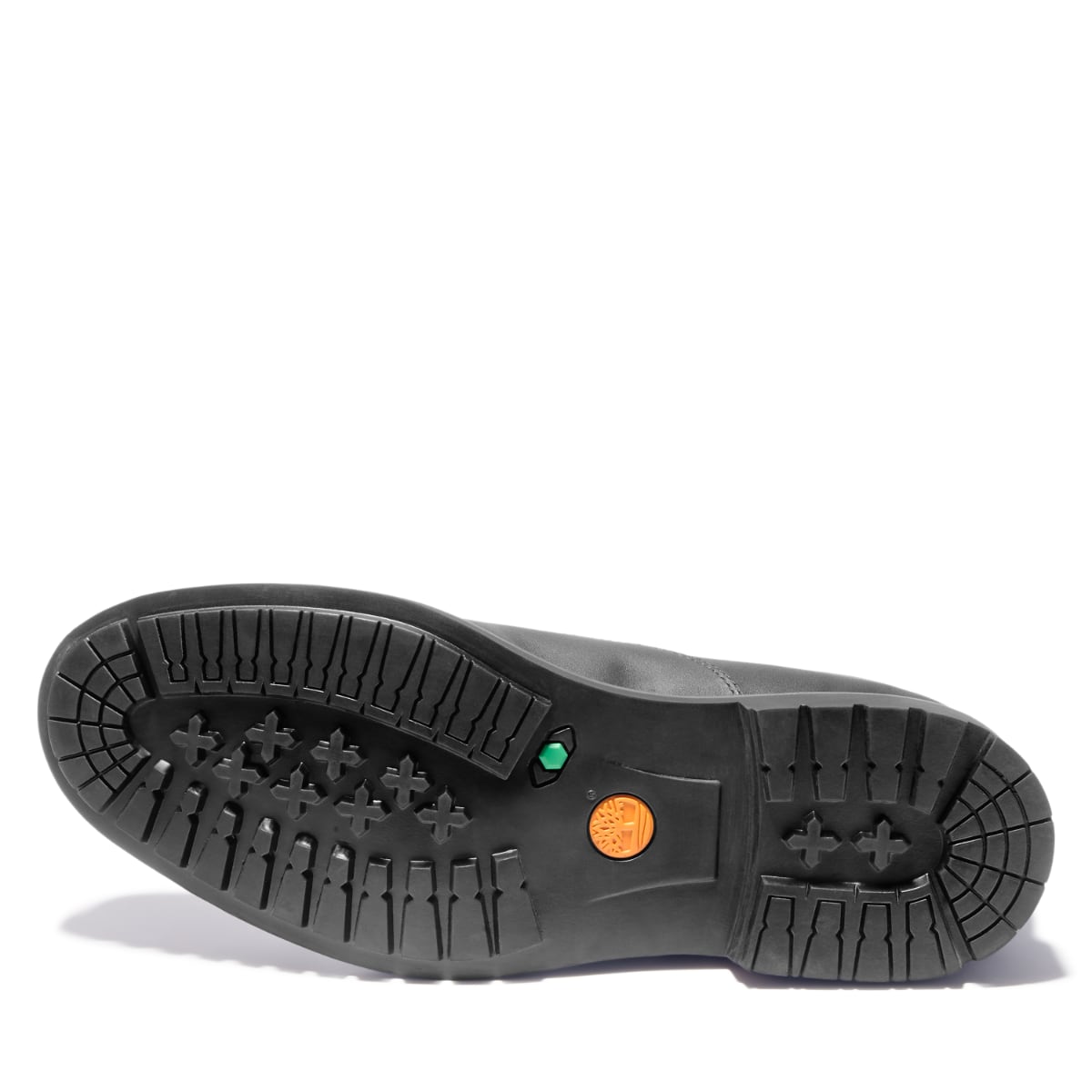 A pair of Timberland Earthkeepers Stormbuck Plain Toe Oxford Men's Shoes in black color, showcasing the front view with lace-up closure. Sole view.