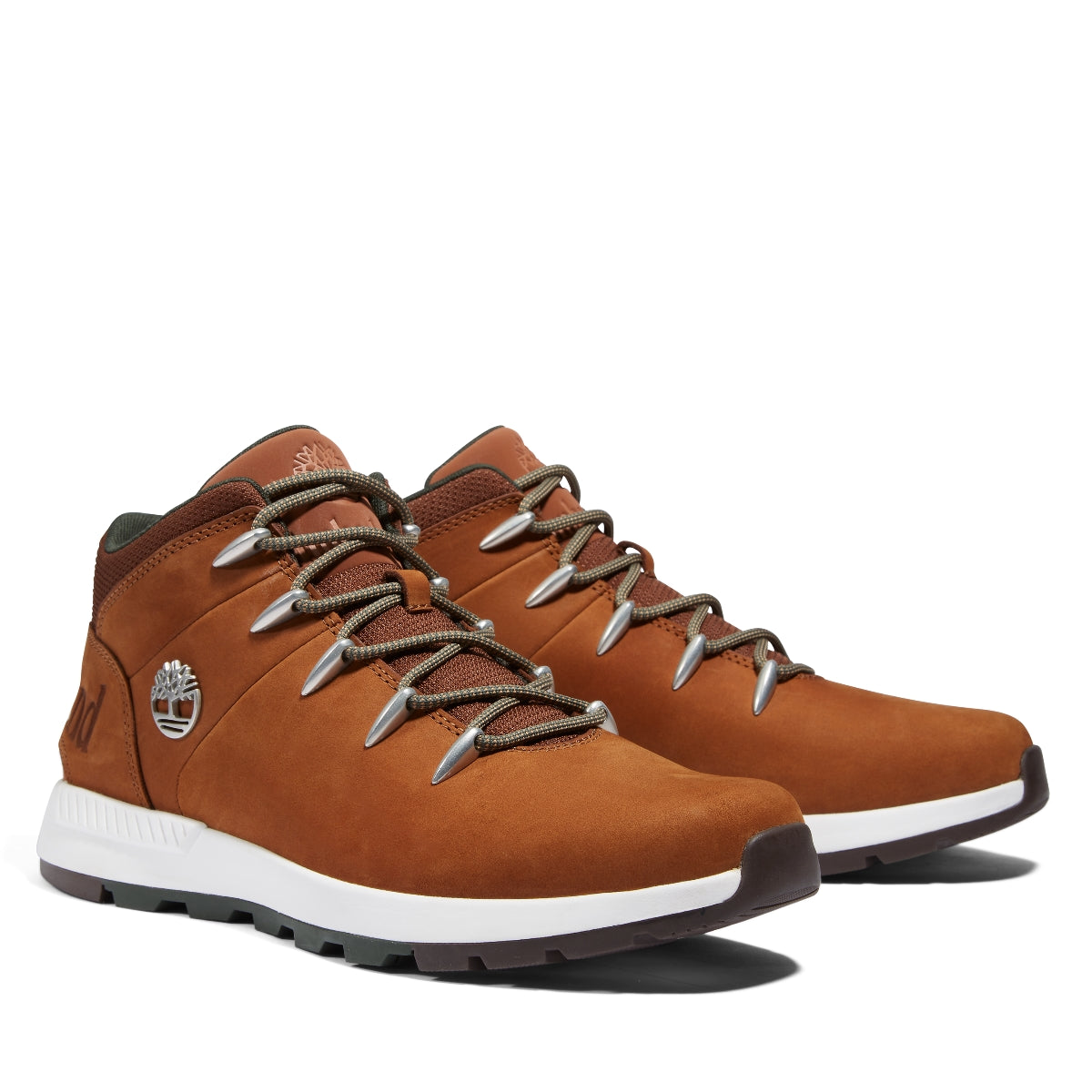 A pair of brown Timberland Sprint Trekker Mid Men's Boots with lace-up closure on a white background.