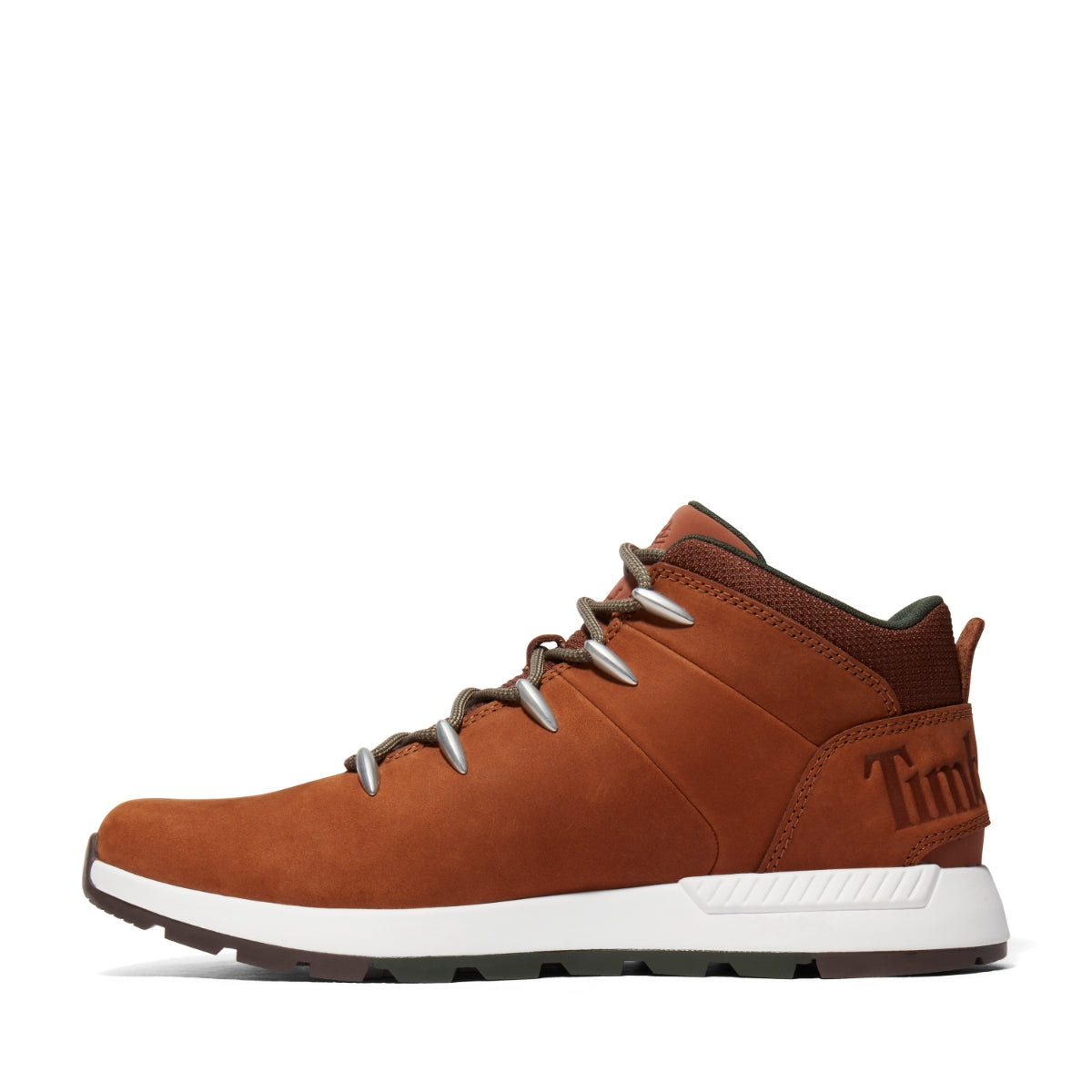 A pair of brown Timberland Sprint Trekker Mid Men's Boots with lace-up closure, featuring a leather upper, fabric lining, and rubber outsoles. Side view.