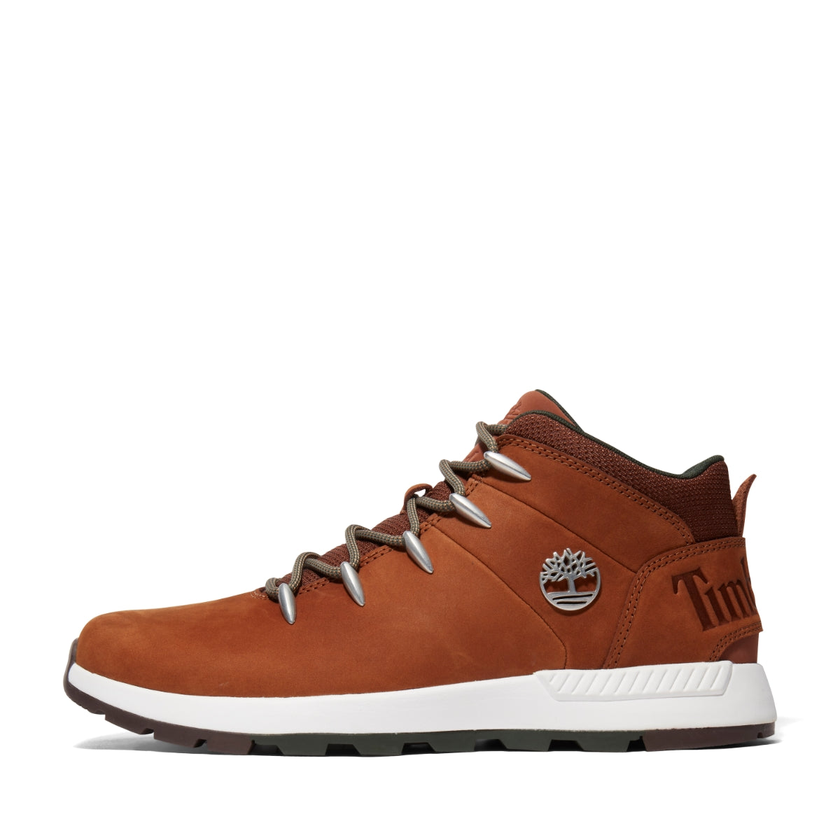 A pair of brown Timberland Sprint Trekker Mid Men's Boots with lace-up closure, featuring a leather upper, fabric lining, and rubber outsoles. Side view.