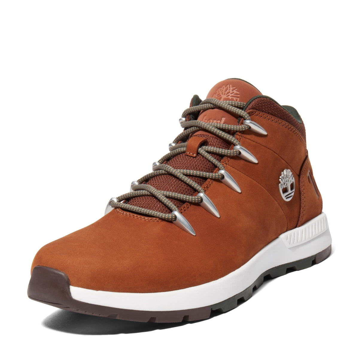 A pair of brown Timberland Sprint Trekker Mid Men's Boots with lace-up closure, featuring a leather upper, fabric lining, and rubber outsoles. Front 3/4 view.
