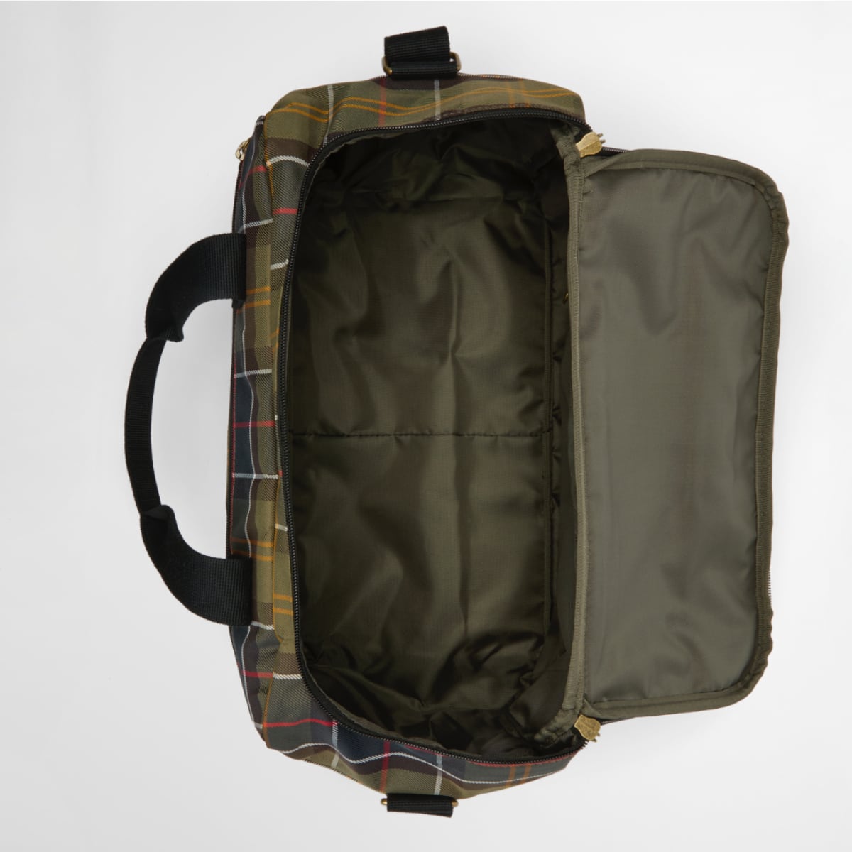 Open Barbour Torridon Tartan Flight Bag with olive interior lining