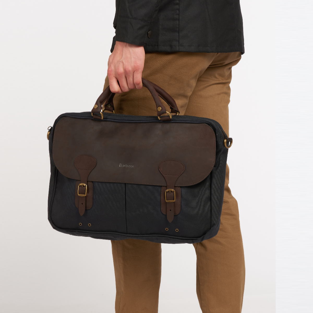 Barbour Wax Leather Briefcase in Navy – front view showing waxed cotton body with leather trim and twin carry handles