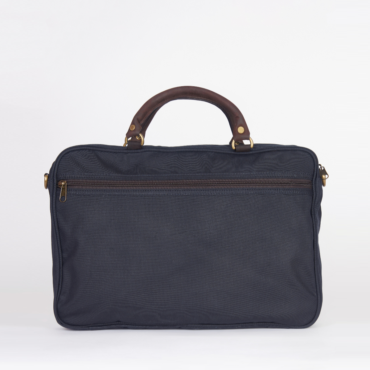 Rear view of the Barbour Wax Leather Briefcase in Navy featuring leather detailing and back pocket