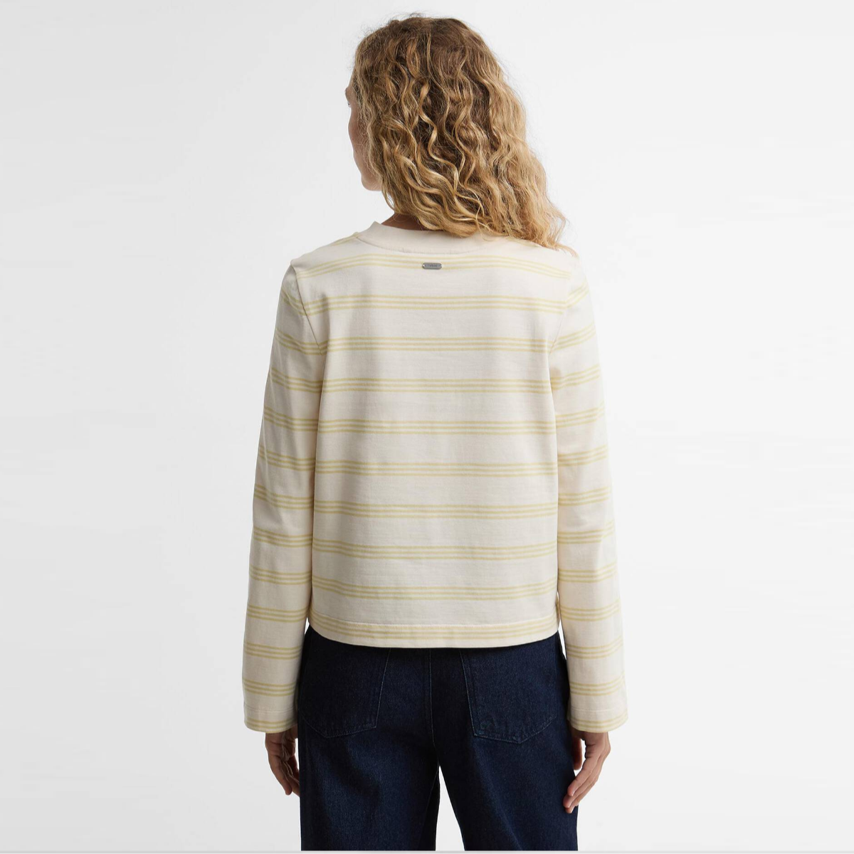 Back view of Barbour Dartmoor striped top in Original Ecru Soured Citrus with a relaxed fit and pale yellow horizontal stripes.