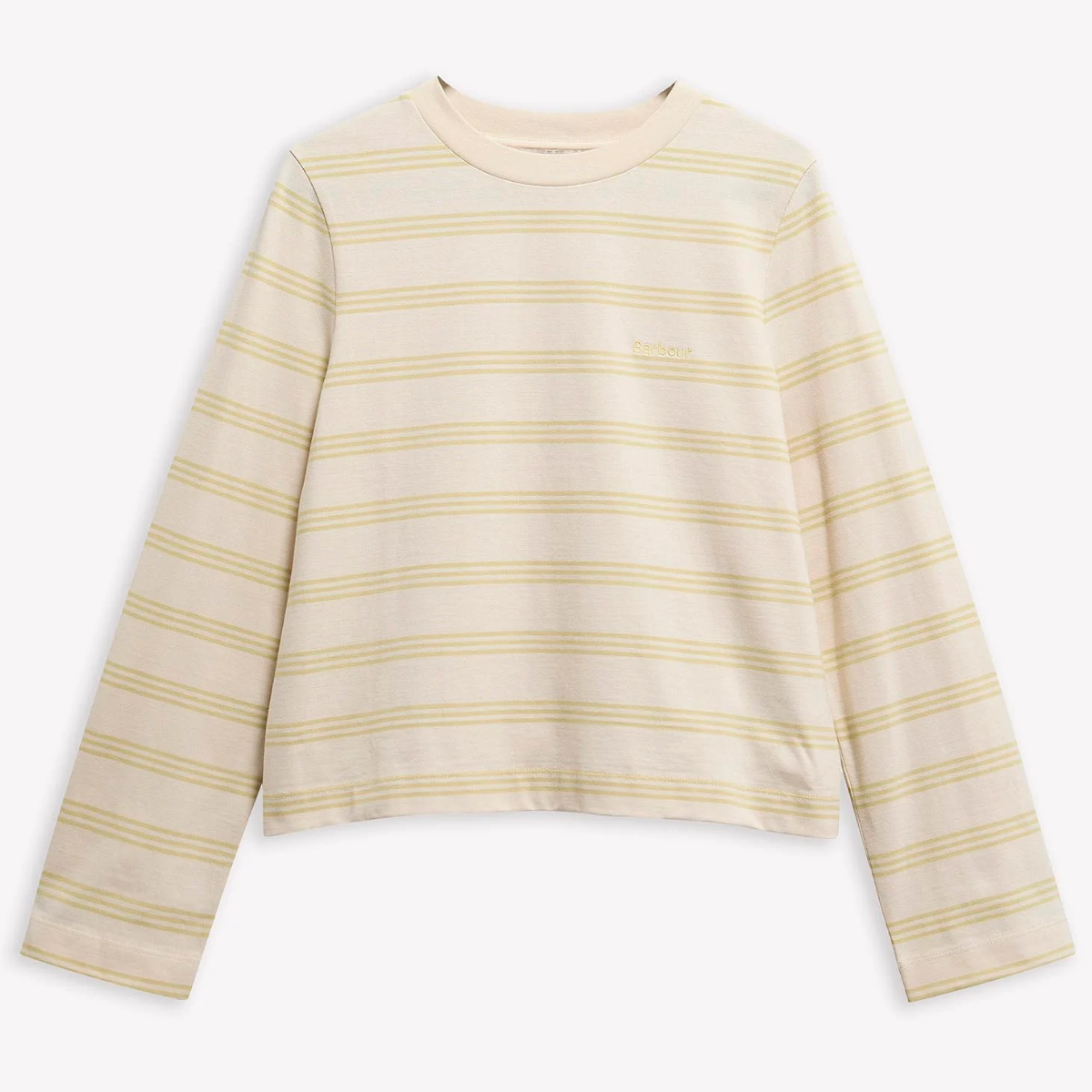 Front view of Barbour Dartmoor striped top in original ecru and soured citrus with pale yellow horizontal stripes.