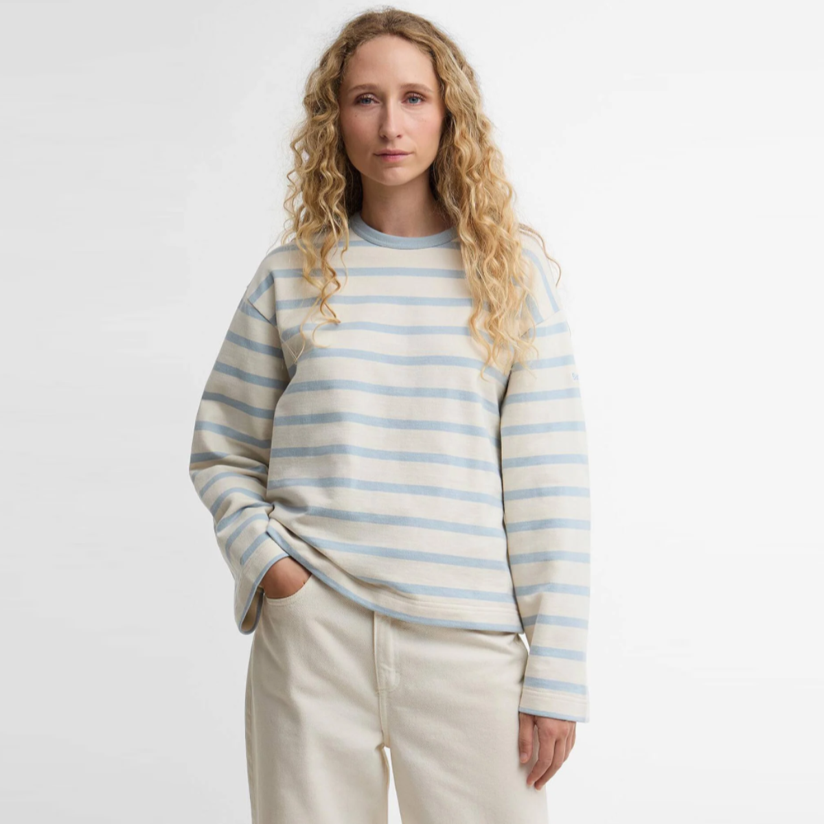 Barbour Fawley striped women's sweatshirt in cream and celestial blue worn by a model