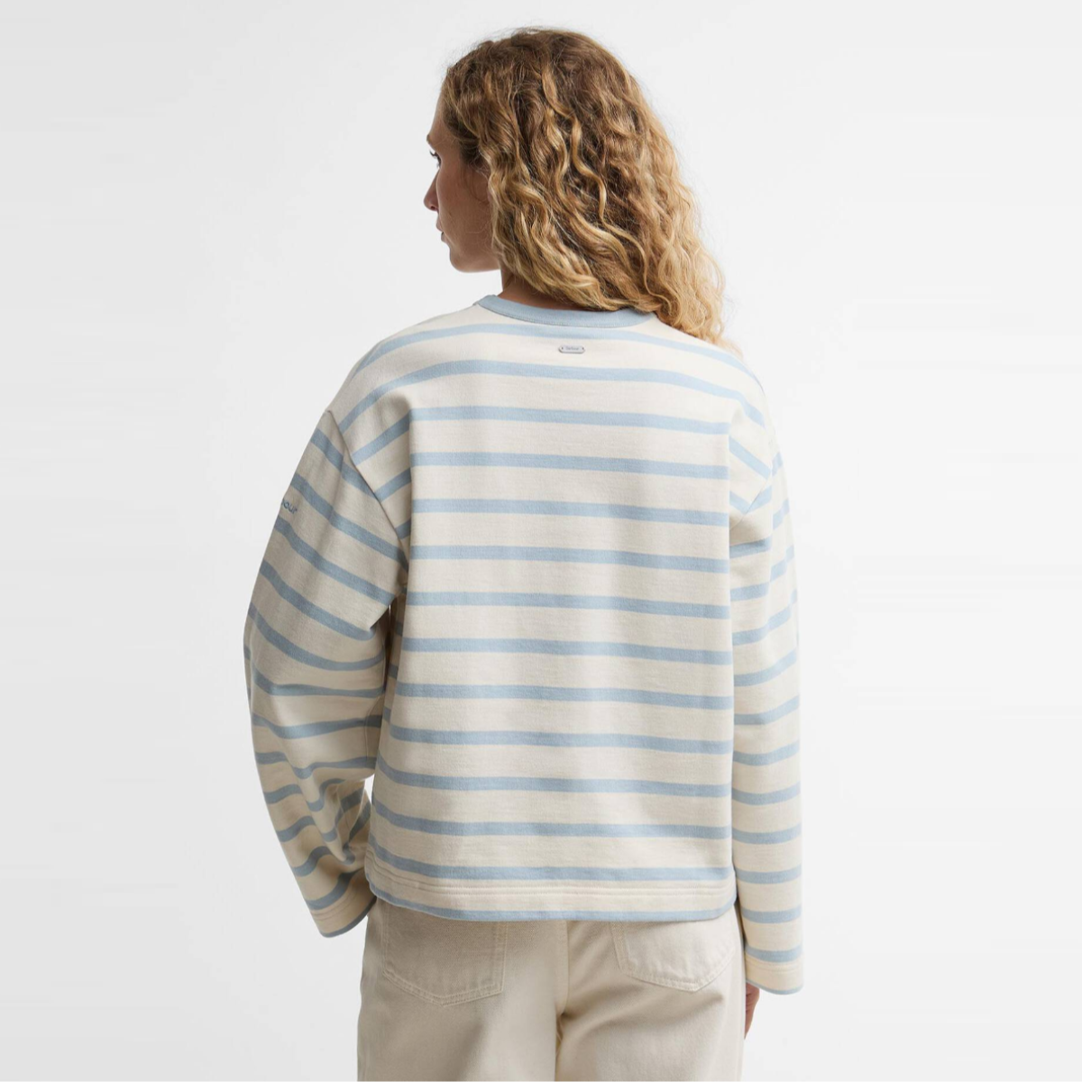 Back view of Barbour Fawley striped sweatshirt in original ecru and celestial blue on model