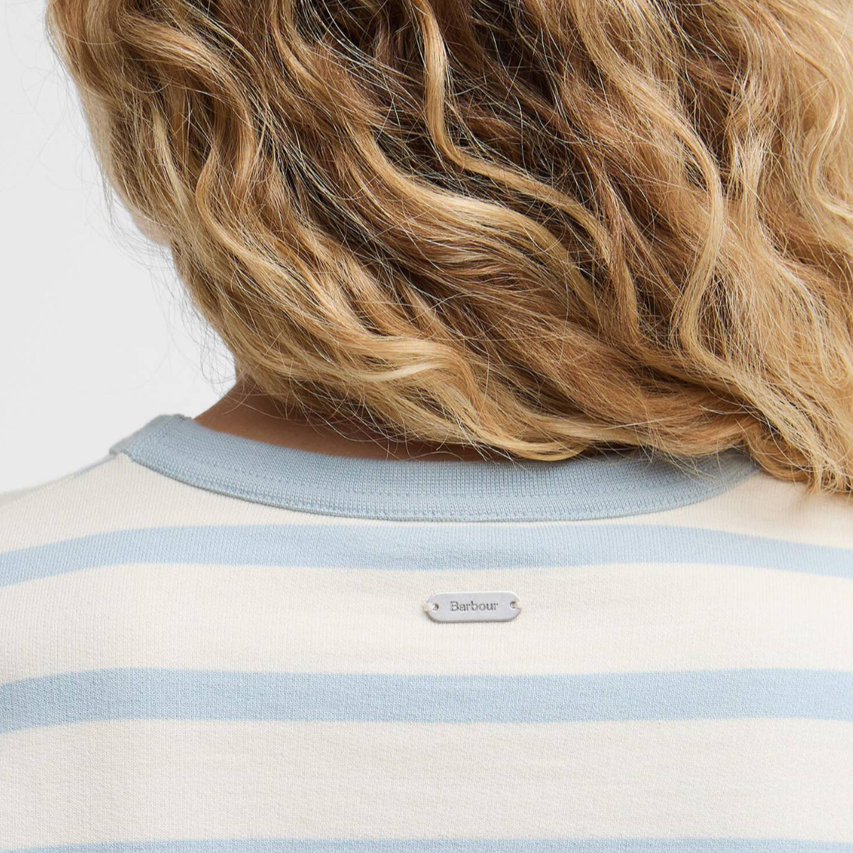 Back view of Barbour Fawley striped sweatshirt in cream and celestial blue.