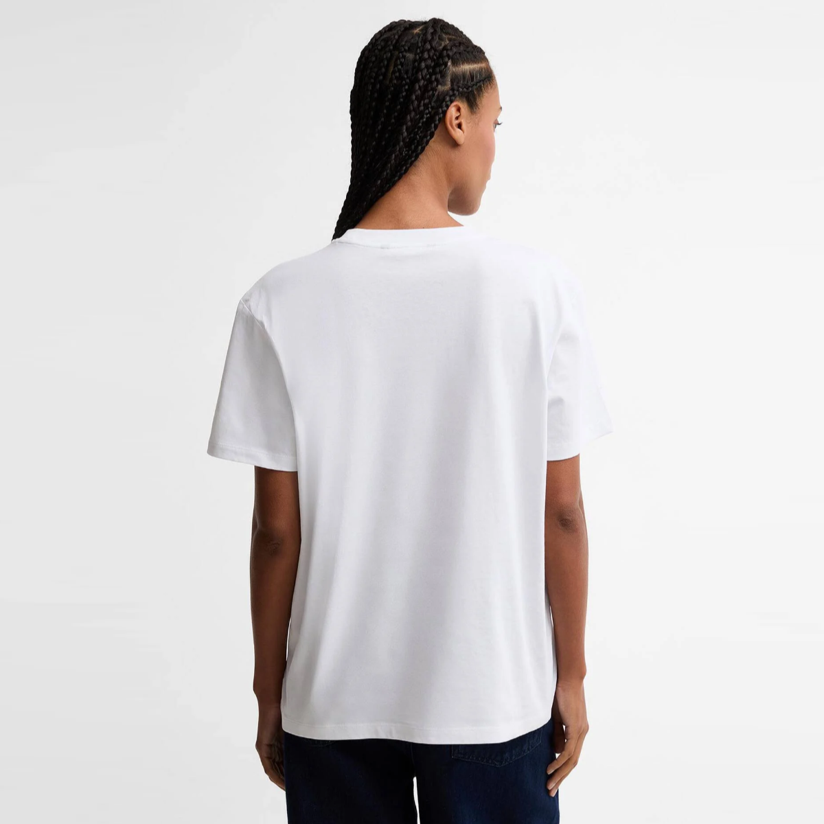 Back view of a model wearing a white Barbour Fawley women's T shirt.