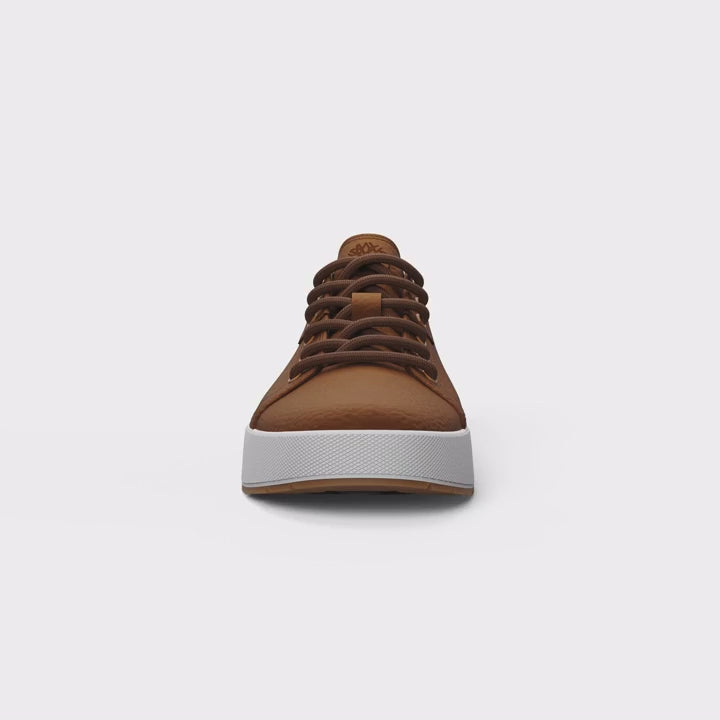 A pair of brown Timberland Maple Grove Low Men's Shoes with a lace-up closure and a rubber outsole. Video.